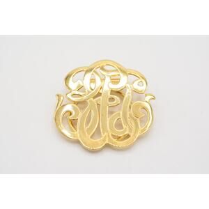 Jeri Lou Vintage Scarf Clip Metallic Shiny Gold Tone Script Signed 1980s BinV